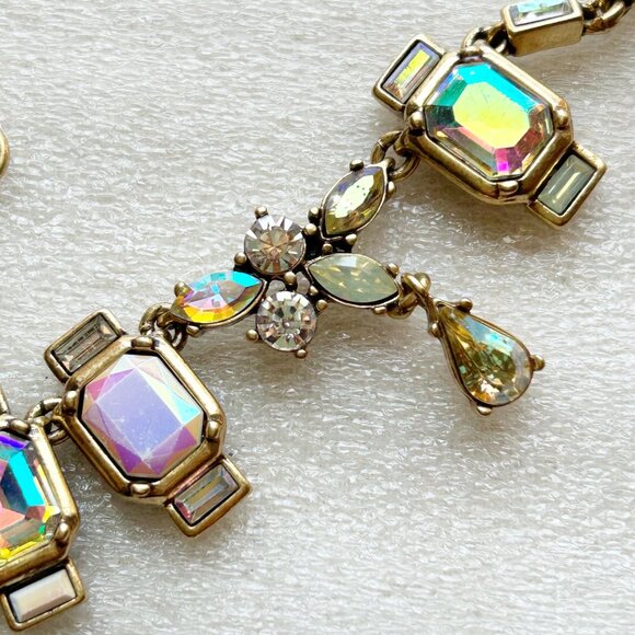 J. Crew Statement Necklace w Iridescent & Teardrop Crystals Antique Gold Tone - Picture 8 of 11